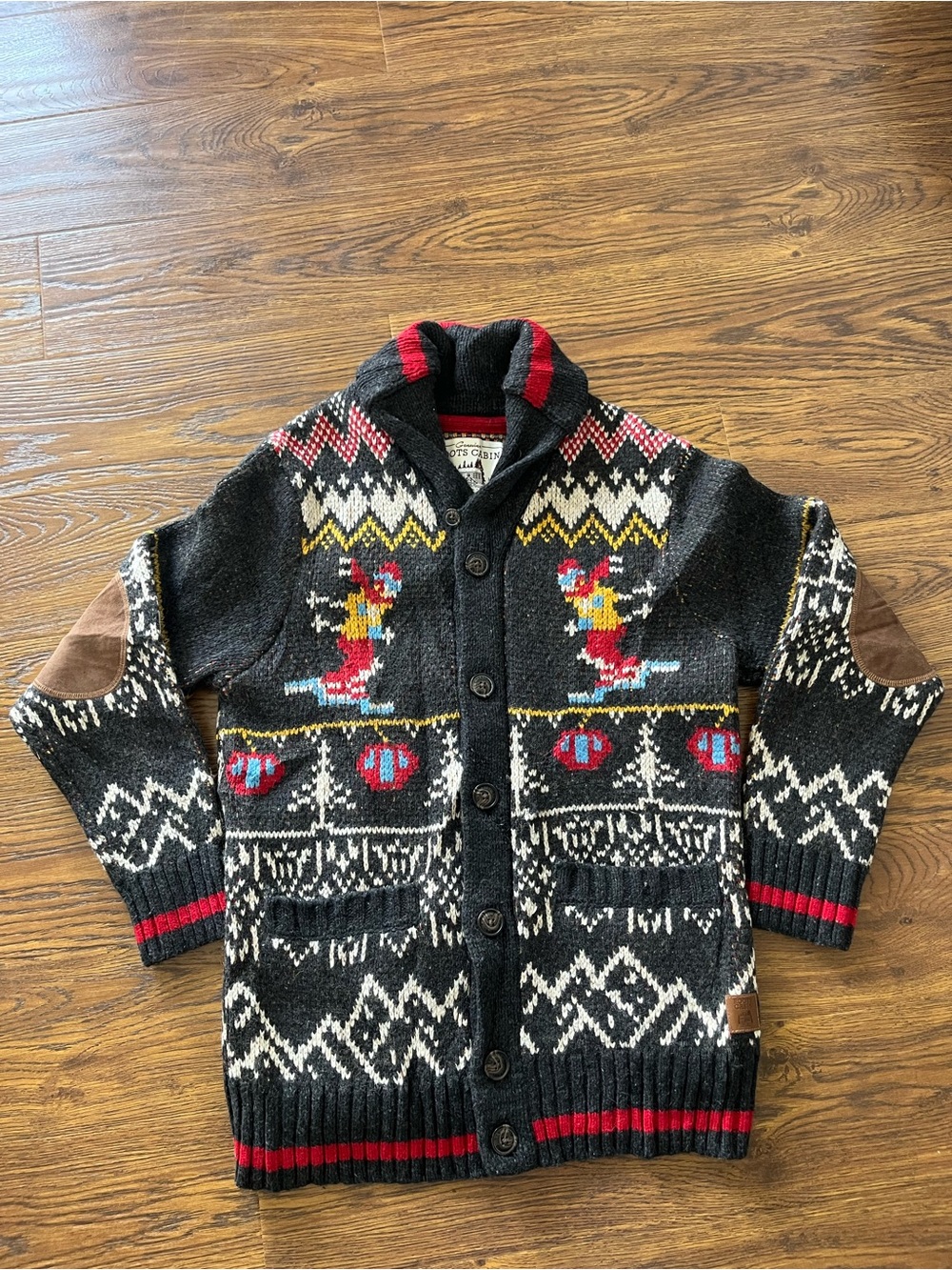 Men's grey Roots Cabin fair Isle Shawl Collar Cardigan Sweater with Ski Motif